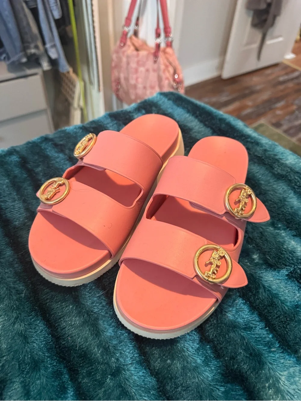 Coach Coral Pink Slide Sandals with Gold Hardware